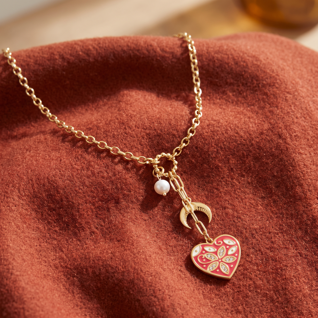 Collier cœur et lune doré en émail, porté en tenue