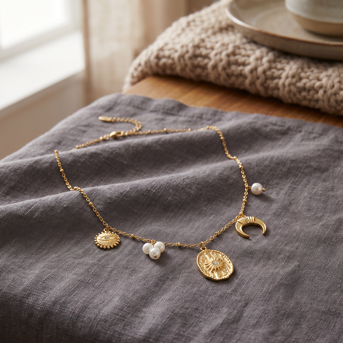 Collier charms lune et soleil effet nacré, porté en tenue, doré