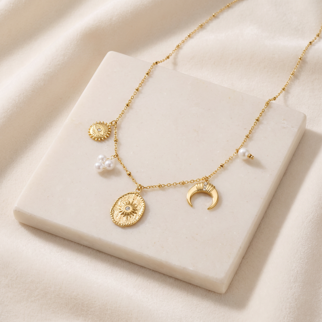 Collier charms lune et soleil effet nacré — Doré