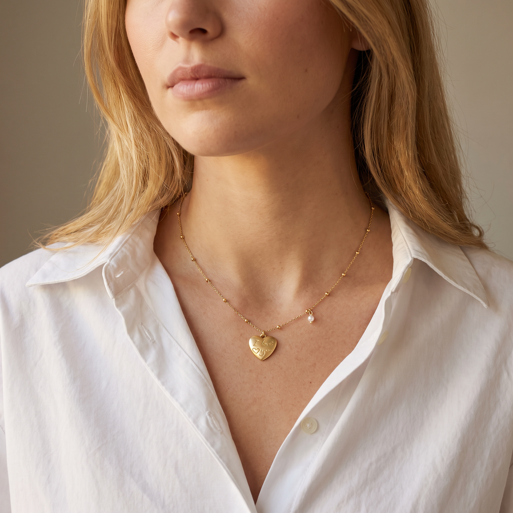 Collier cœur, porté mi-corps, doré