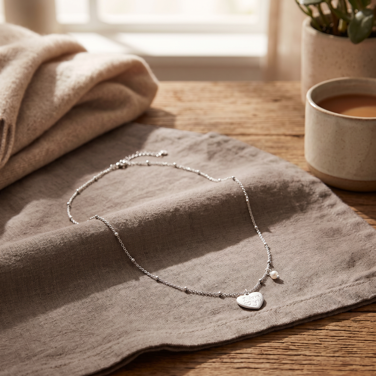Collier cœur, porté en tenue, argenté