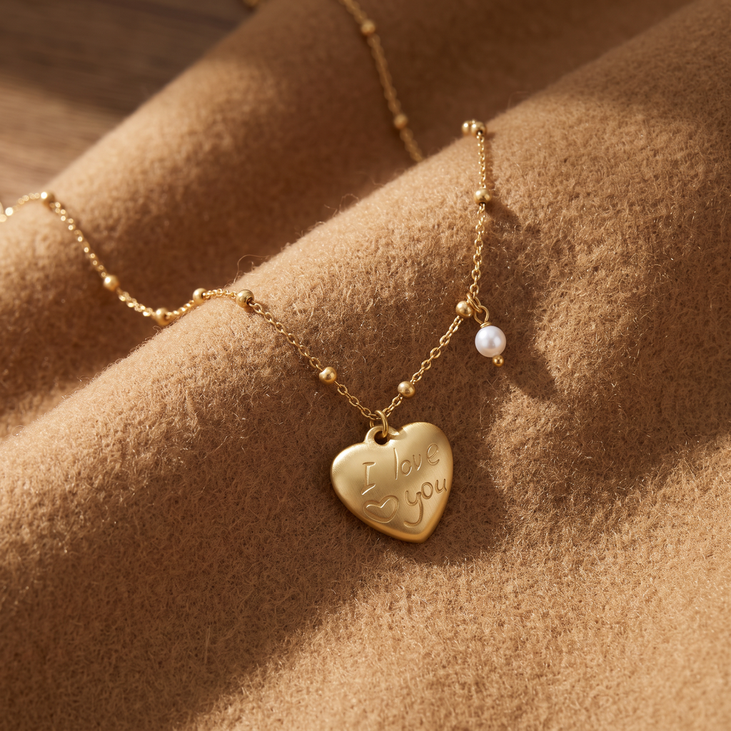 Collier cœur, porté en tenue, doré