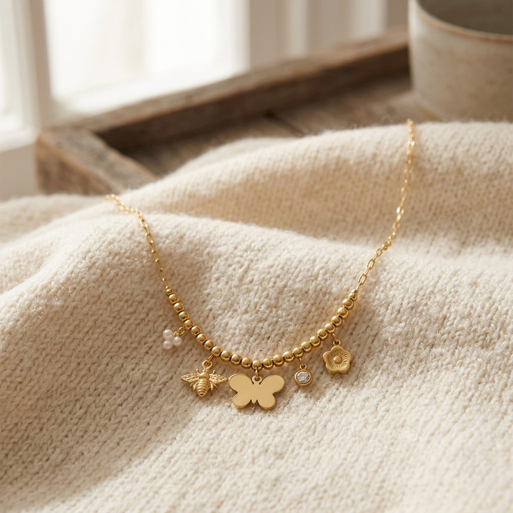 Collier charms fleur et papillon, porté en tenue, doré