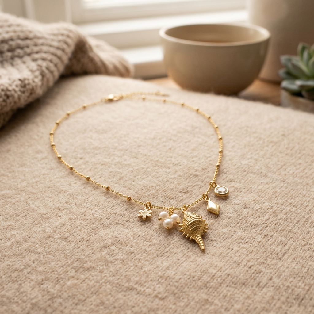 Collier charms coquillage, porté en tenue, doré