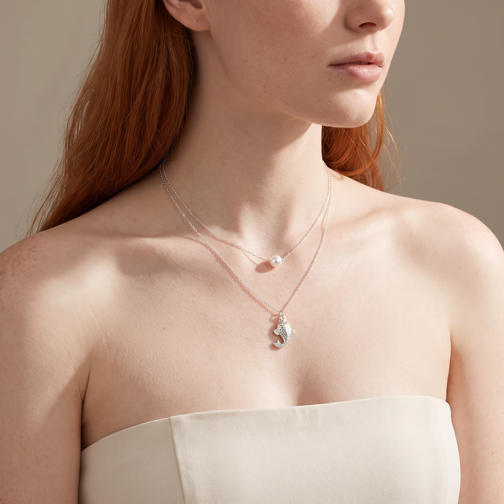 Collier poisson effet nacré double rang, porté mi-corps, argenté