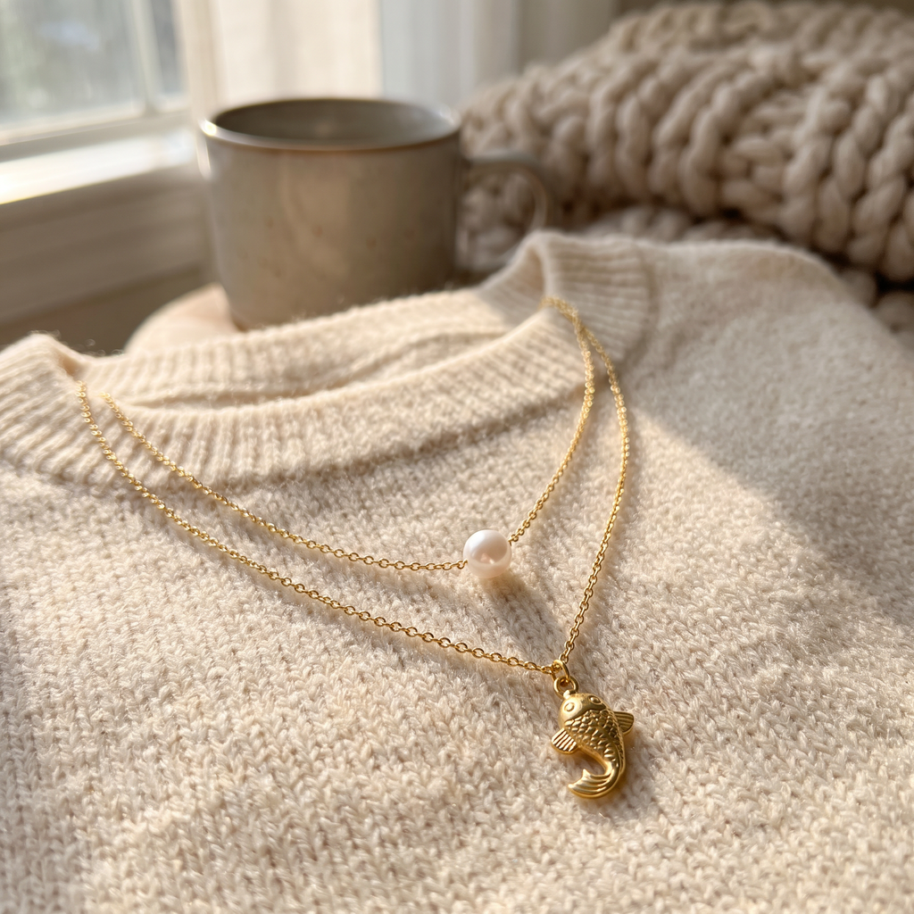 Collier poisson effet nacré double rang, porté en tenue, doré