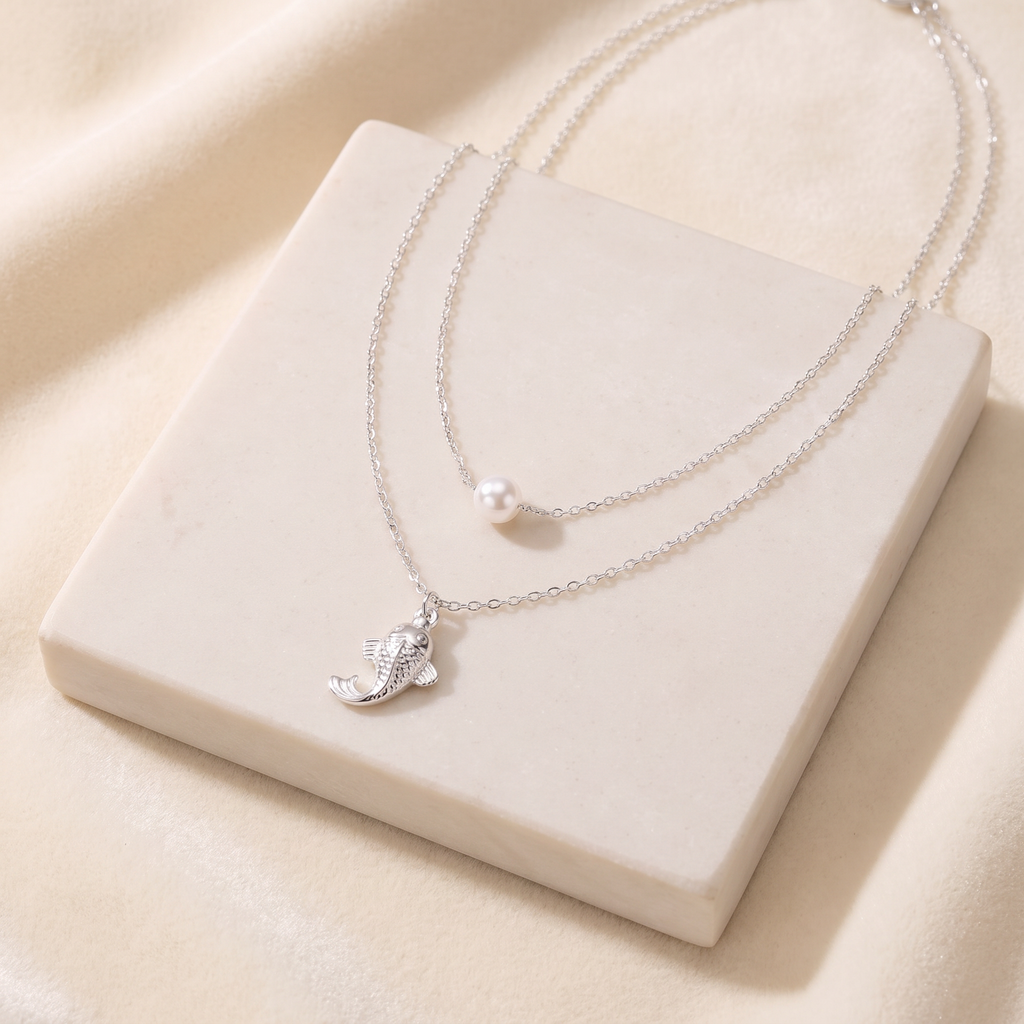 Collier poisson effet nacré double rang — Argenté