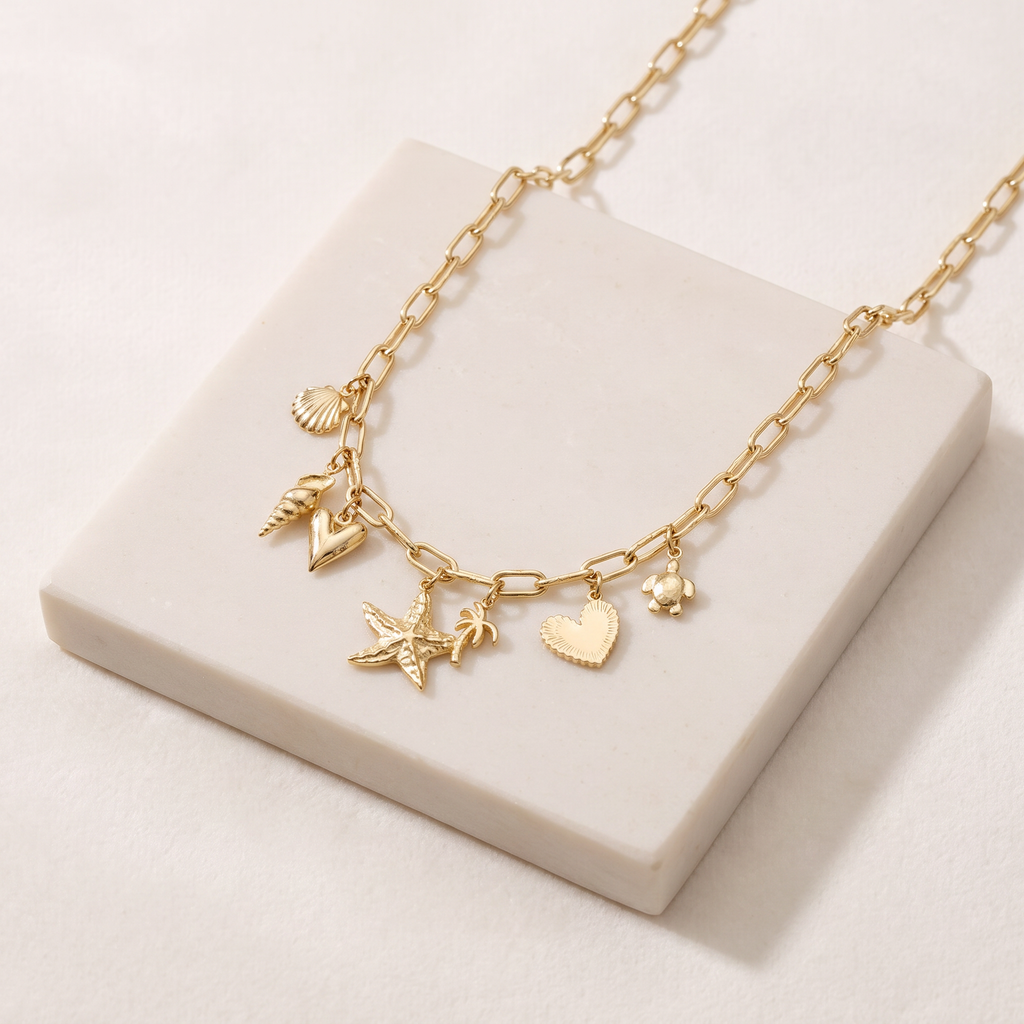 Collier coquillage grosse maille esprit estival — Doré