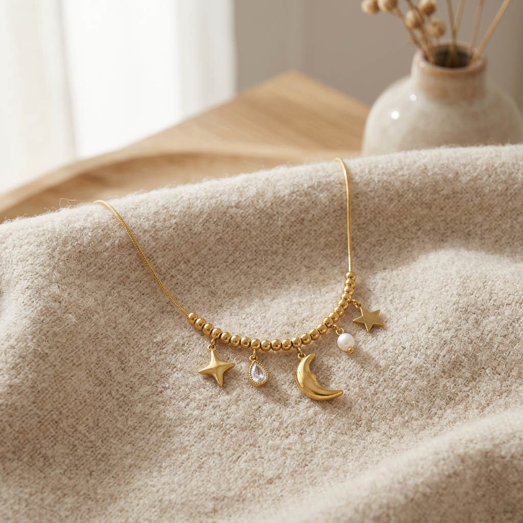 Collier charms étoile et lune, porté en tenue, doré
