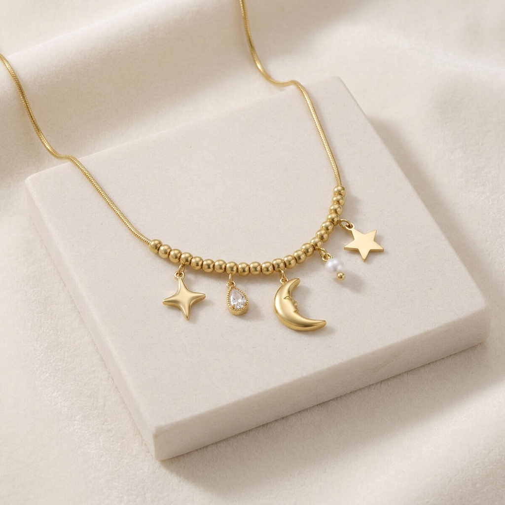 Collier charms étoile et lune — Doré