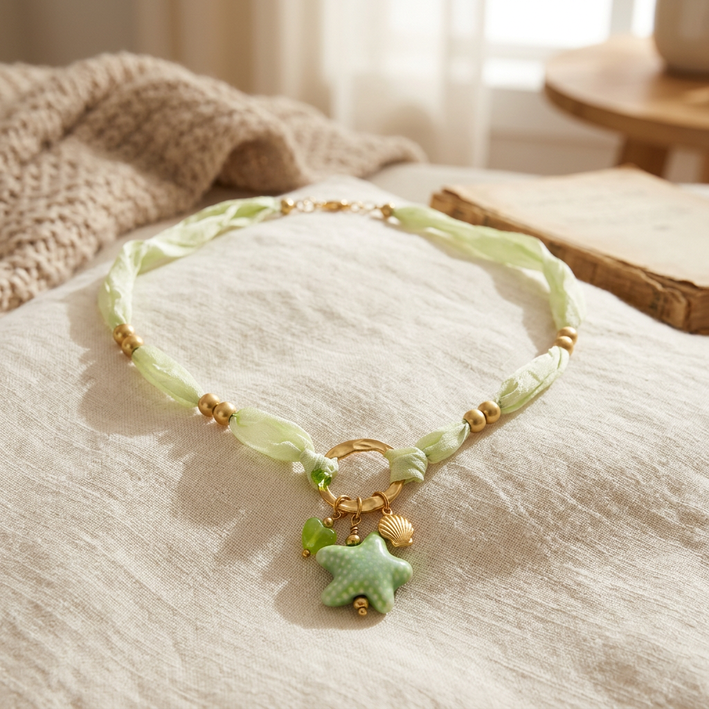 Collier étoile de mer vert sur cordon foulard, porté en tenue