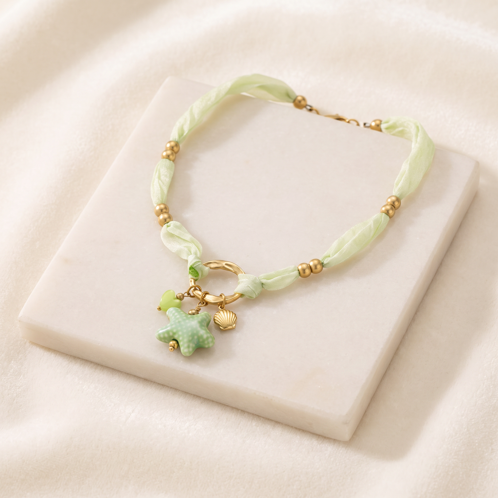 Collier étoile de mer vert sur cordon foulard — Vert