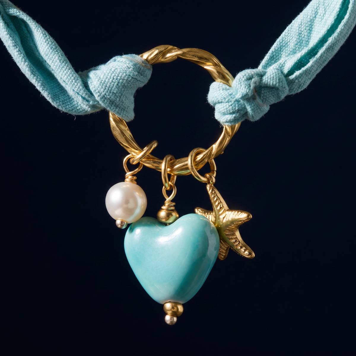 Collier cœur et étoile de mer bleu sur cordon foulard, motif en gros plan