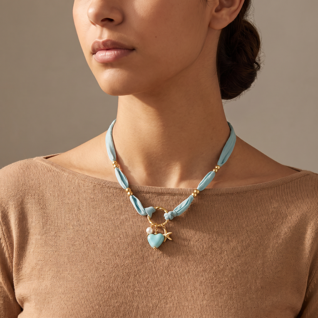 Collier cœur et étoile de mer bleu sur cordon foulard, porté mi-corps