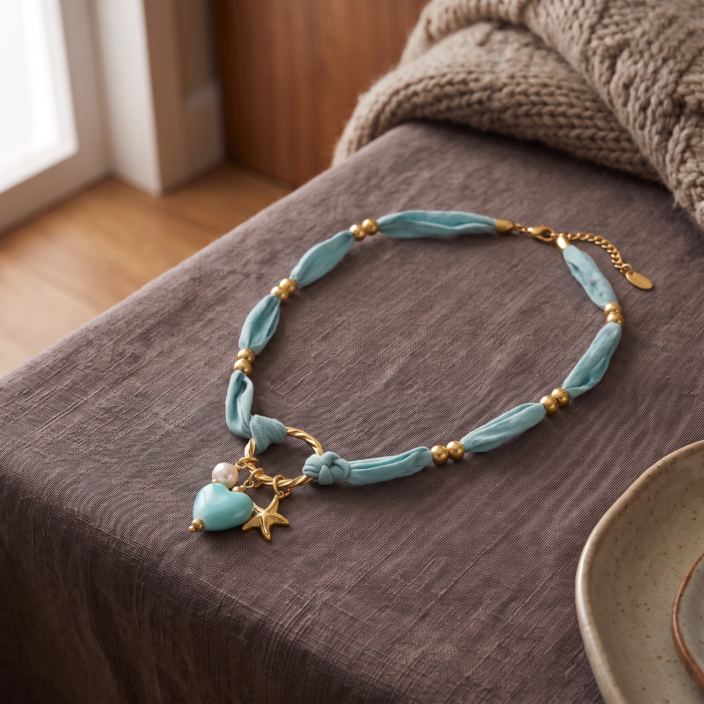 Collier cœur et étoile de mer bleu sur cordon foulard, porté en tenue