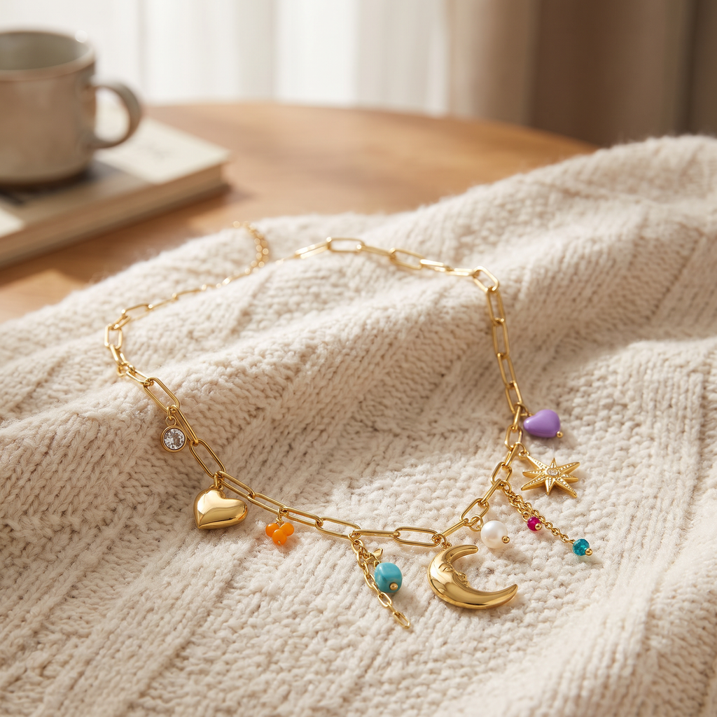 Collier charms étoile et lune en couleurs, porté en tenue