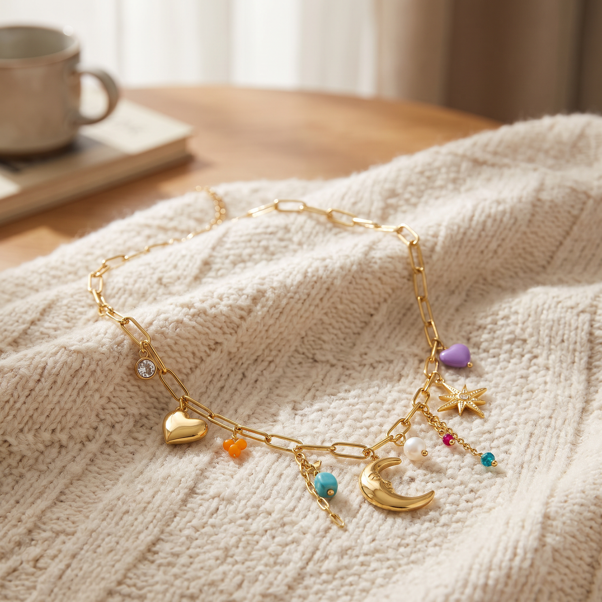 Collier charms étoile et lune en couleurs, porté en tenue