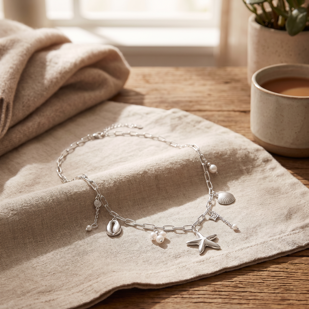 Collier charms coquillage esprit marin, porté en tenue, argenté