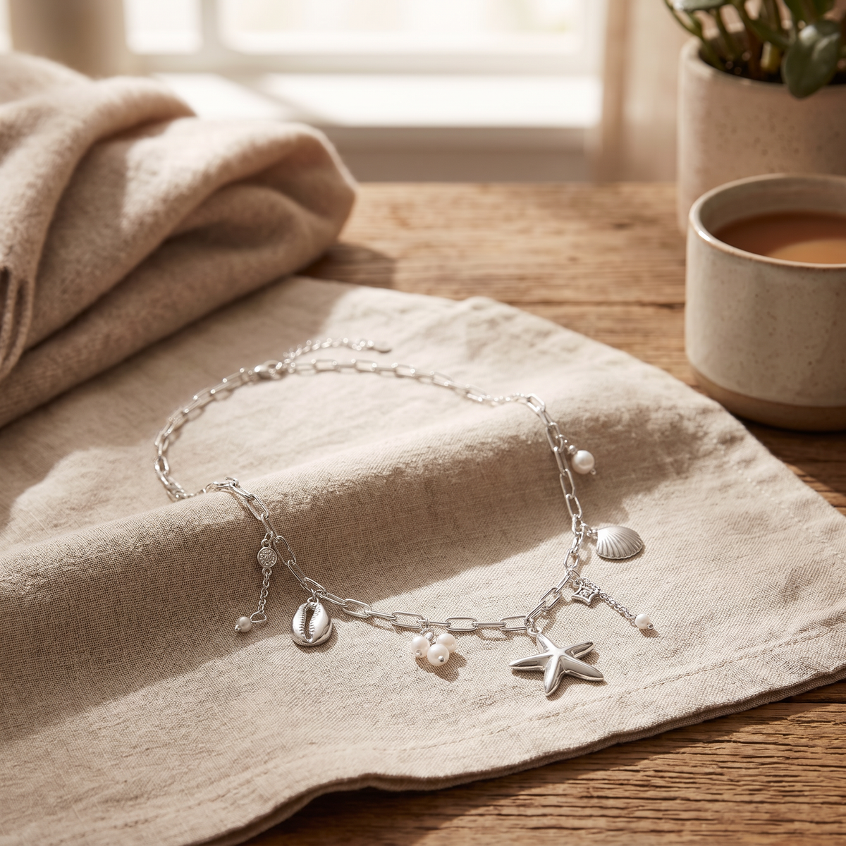 Collier charms coquillage esprit marin, porté en tenue, argenté