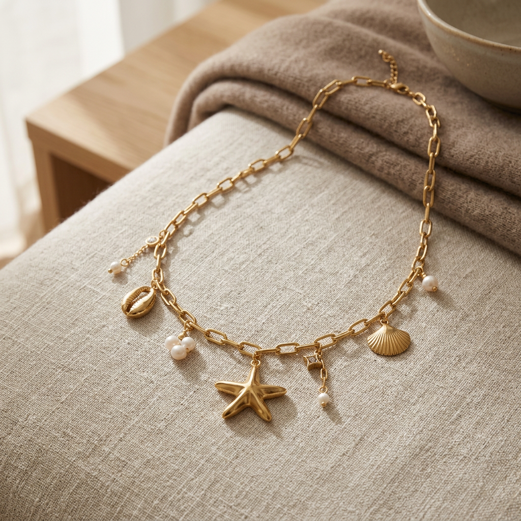 Collier charms coquillage esprit marin, porté en tenue, doré