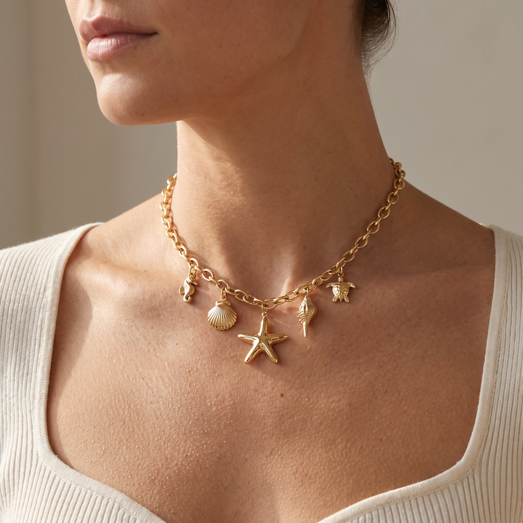 Collier charms étoile de mer doré, porté mi-corps