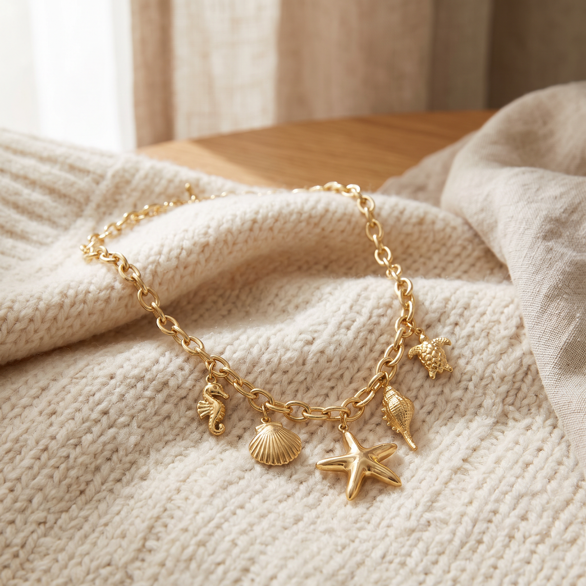 Collier charms étoile de mer doré, porté en tenue