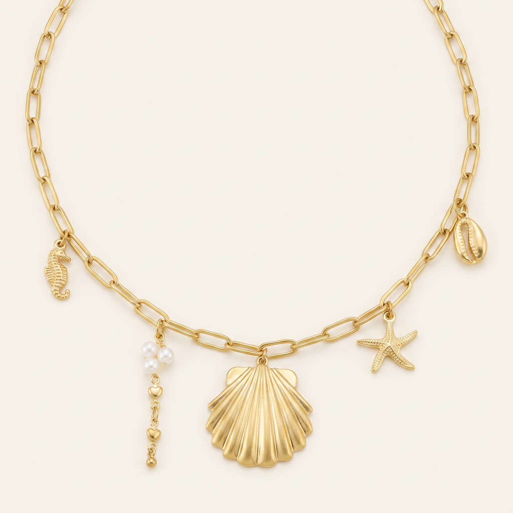 Collier coquillage doré sur chaîne, détail du motif