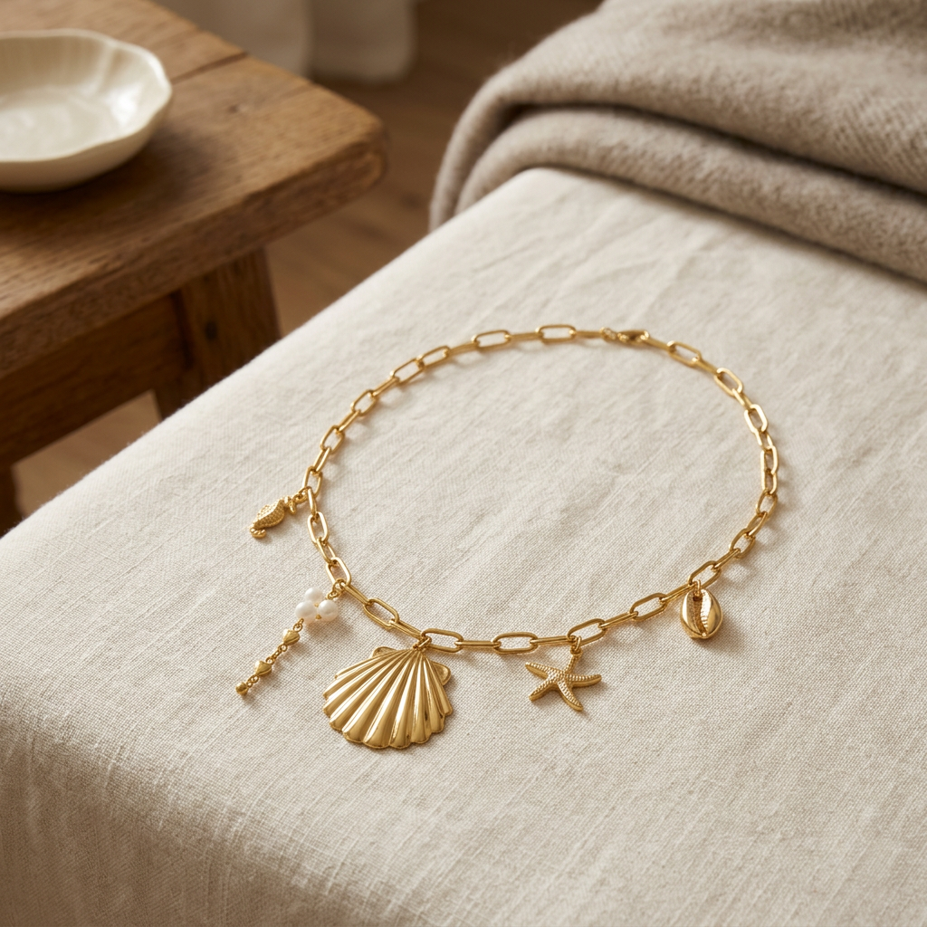Collier coquillage doré sur chaîne, porté en tenue