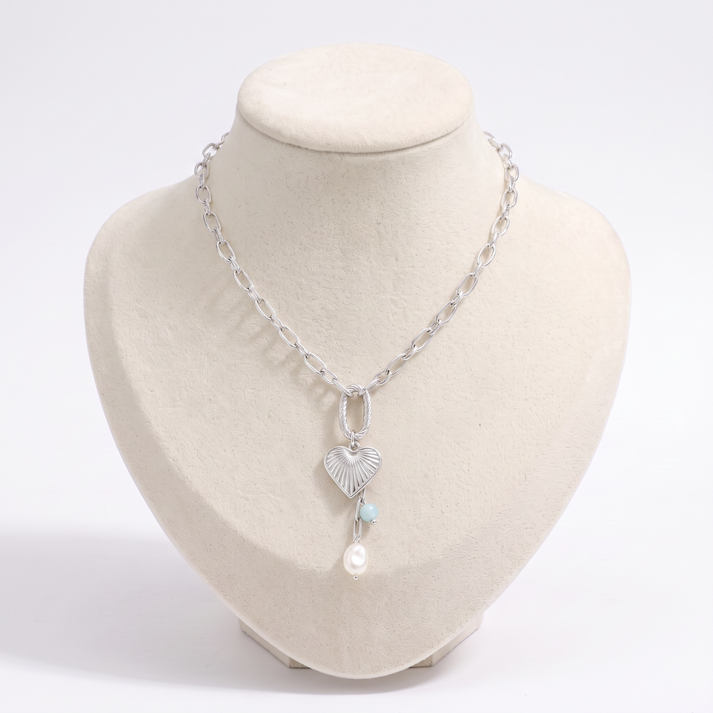 Collier cœur grosse maille, vue de face, argenté