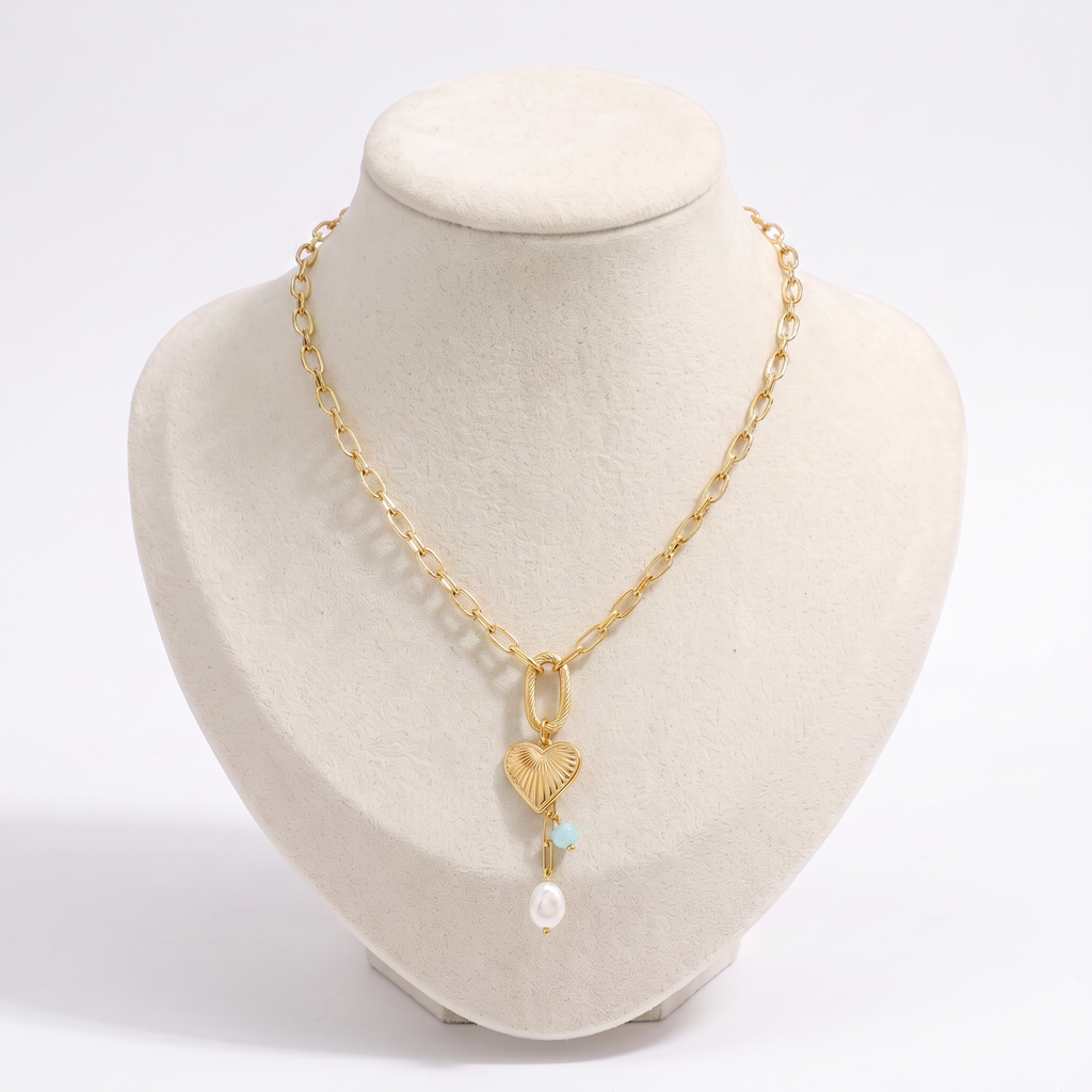 Collier cœur grosse maille, vue de face, doré