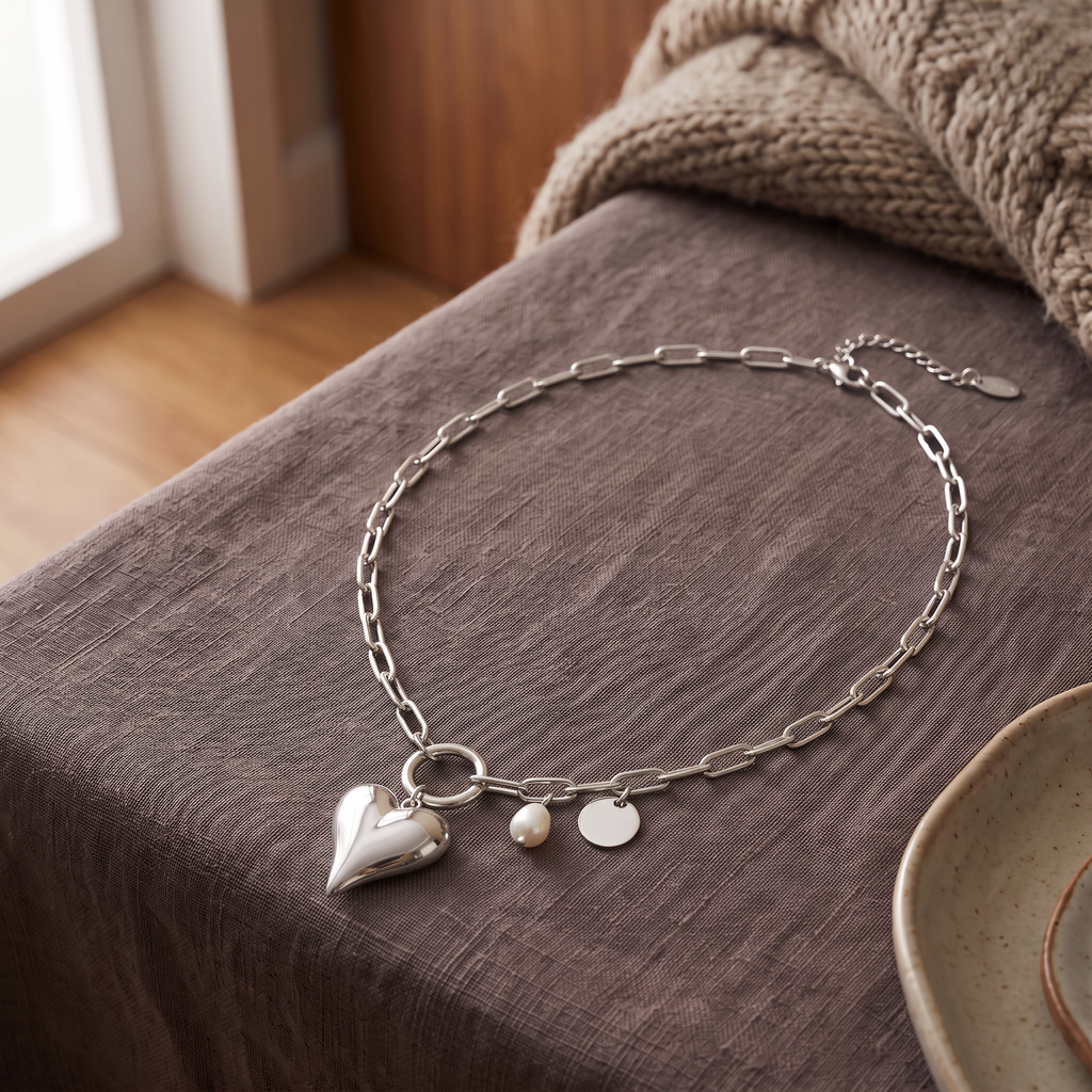 Collier cœur à motif bombé sur chaîne, porté en tenue, argenté