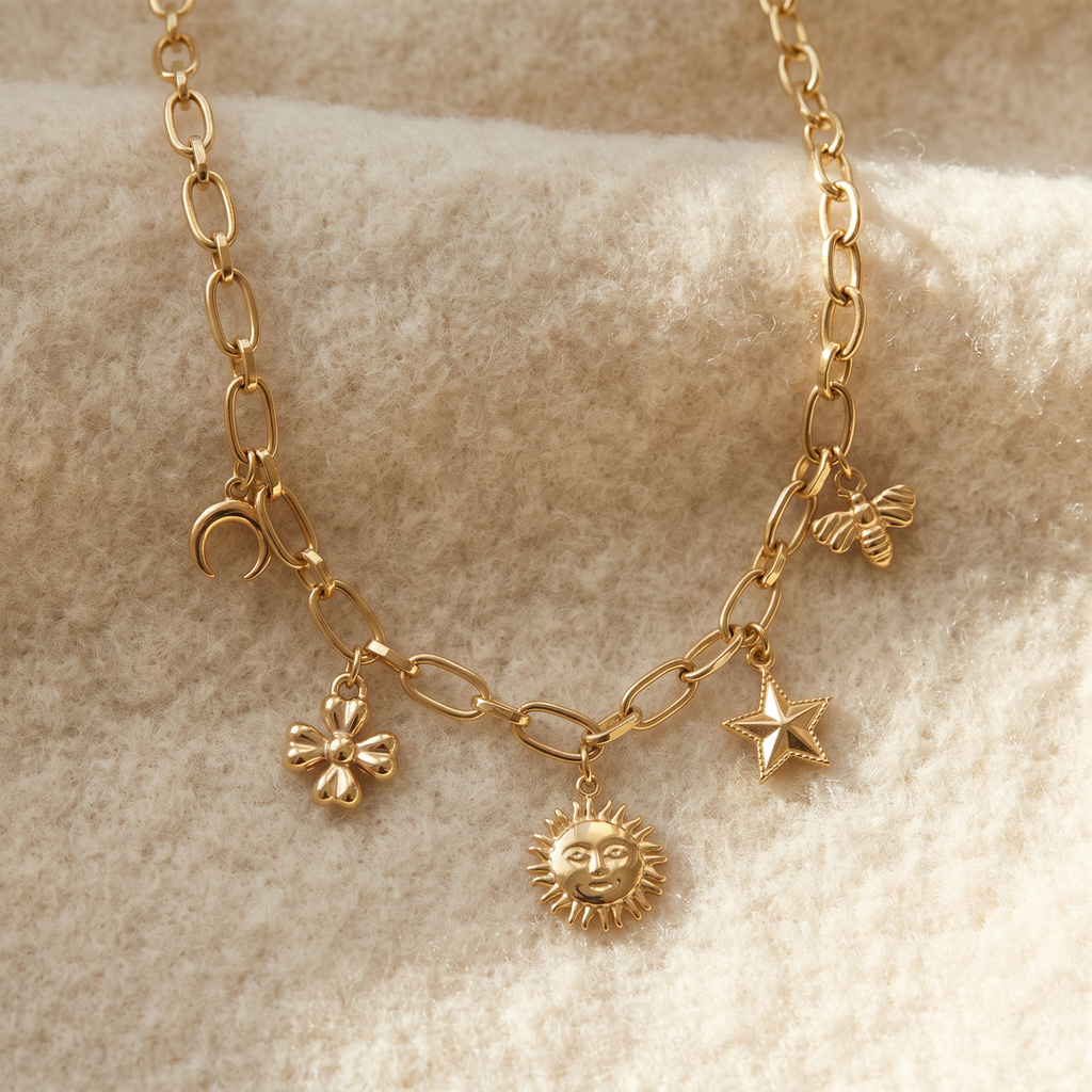 Collier charms étoile et soleil, porté en tenue, doré