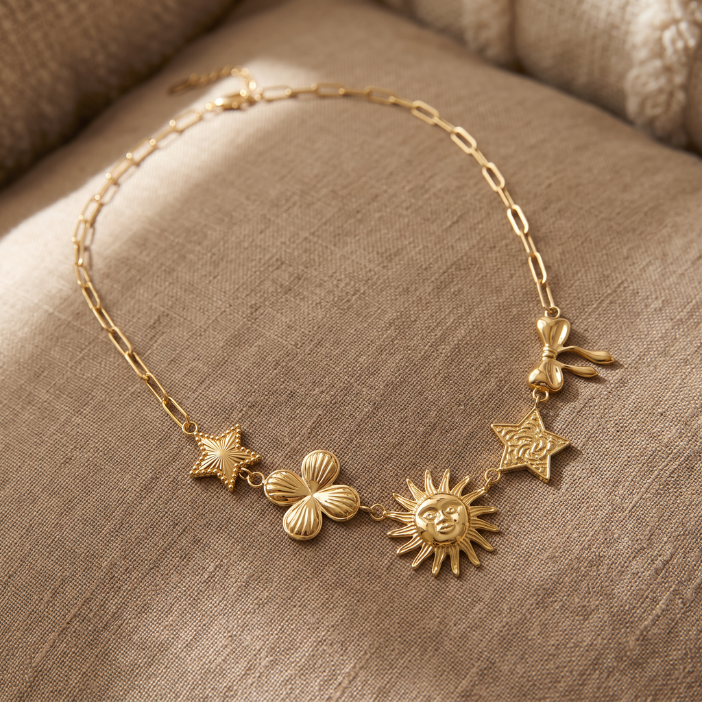Collier soleil rayonnant, porté en tenue, doré