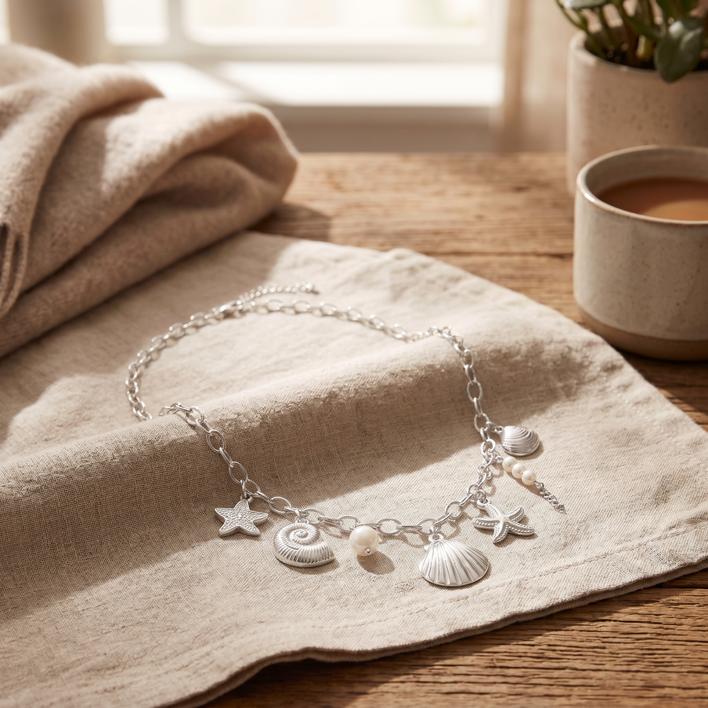 Collier coquillage grosse maille, porté en tenue, argenté
