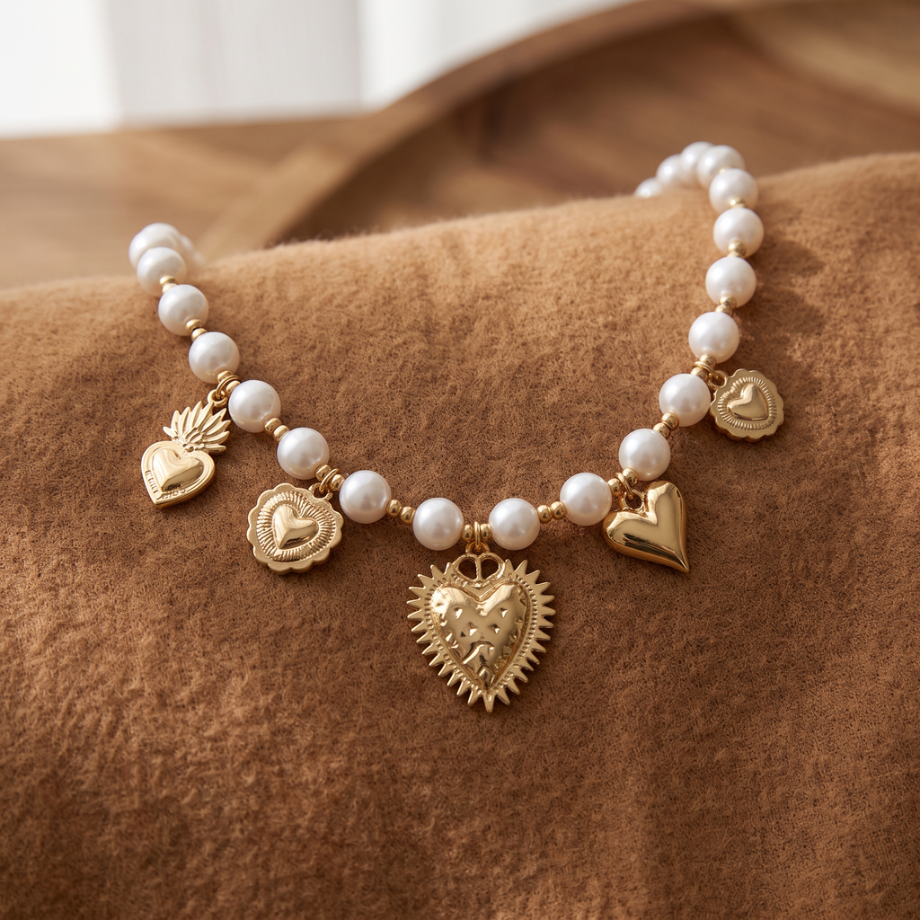 Collier cœur doré à breloques en perles, porté en tenue