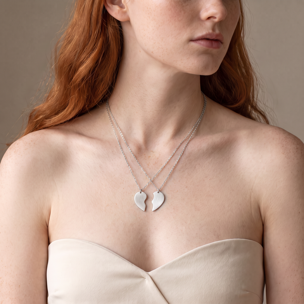 Collier cœur meilleure amie, porté mi-corps, argenté