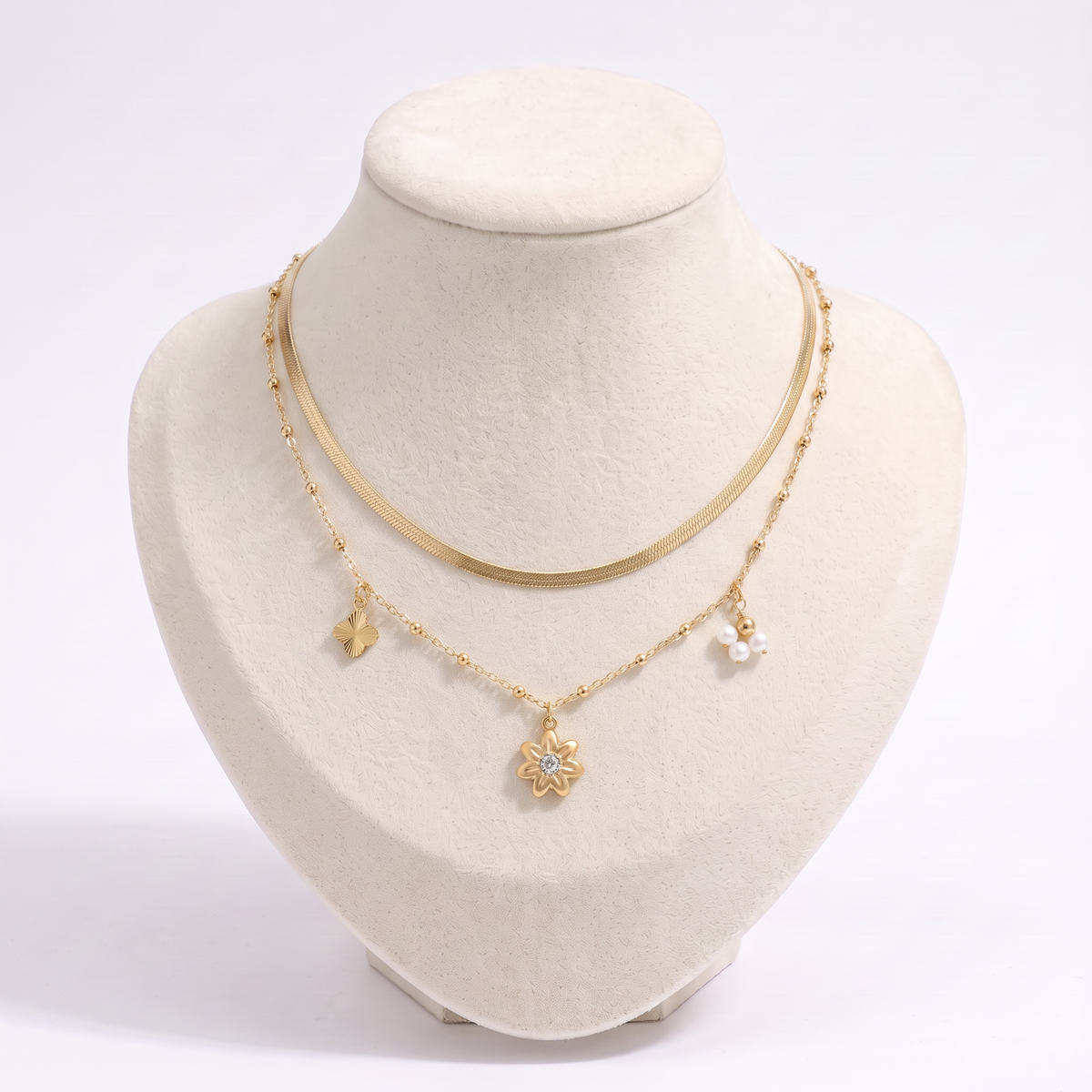 Collier fleur à strass double rang 42 cm, vue de face, doré