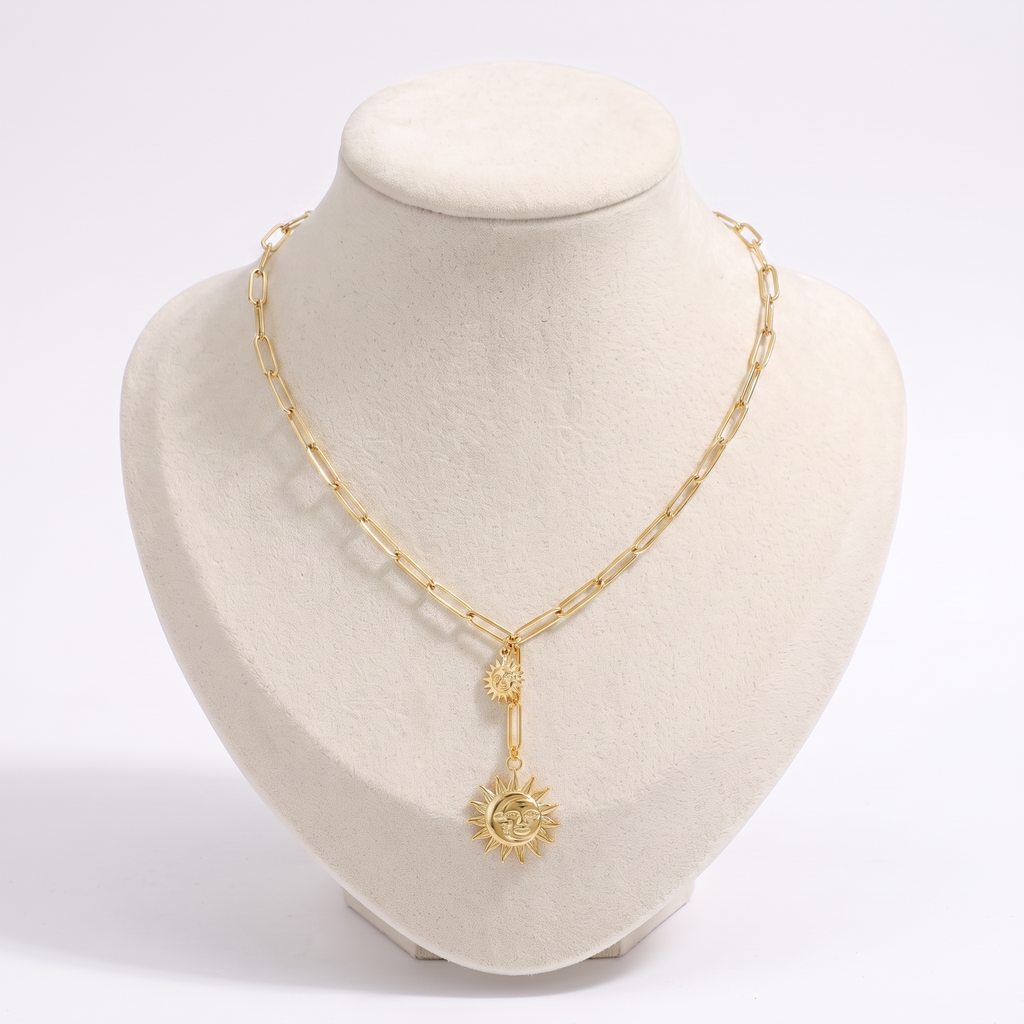 Collier soleil double rang, vue de face, doré