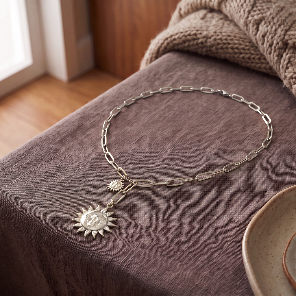 Collier soleil double rang, porté en tenue, argenté