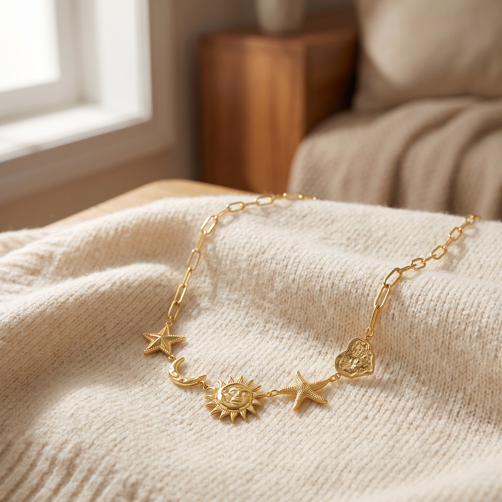 Collier charms étoile, lune et soleil 40 cm, porté en tenue, doré