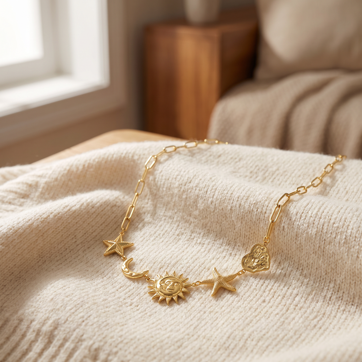Collier charms étoile, lune et soleil 40 cm, porté en tenue, doré