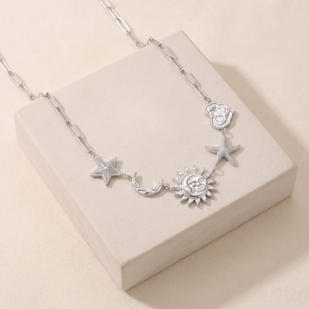 Collier charms étoile, lune et soleil 40 cm — Argenté