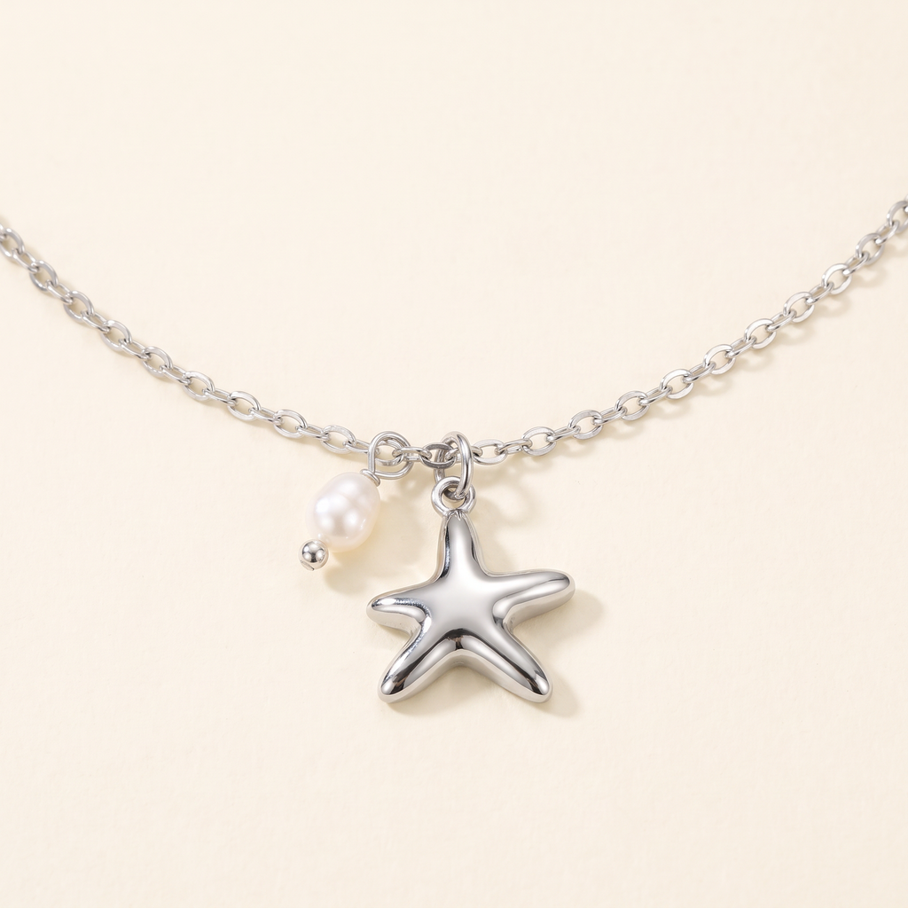 Collier ras de cou étoile de mer, détail du motif, argenté