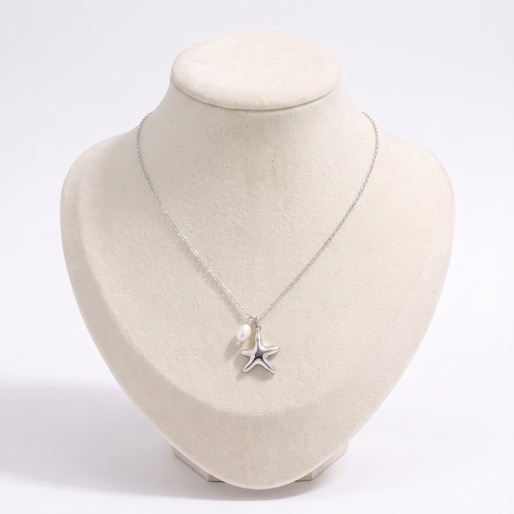 Collier ras de cou étoile de mer, vue de face, argenté