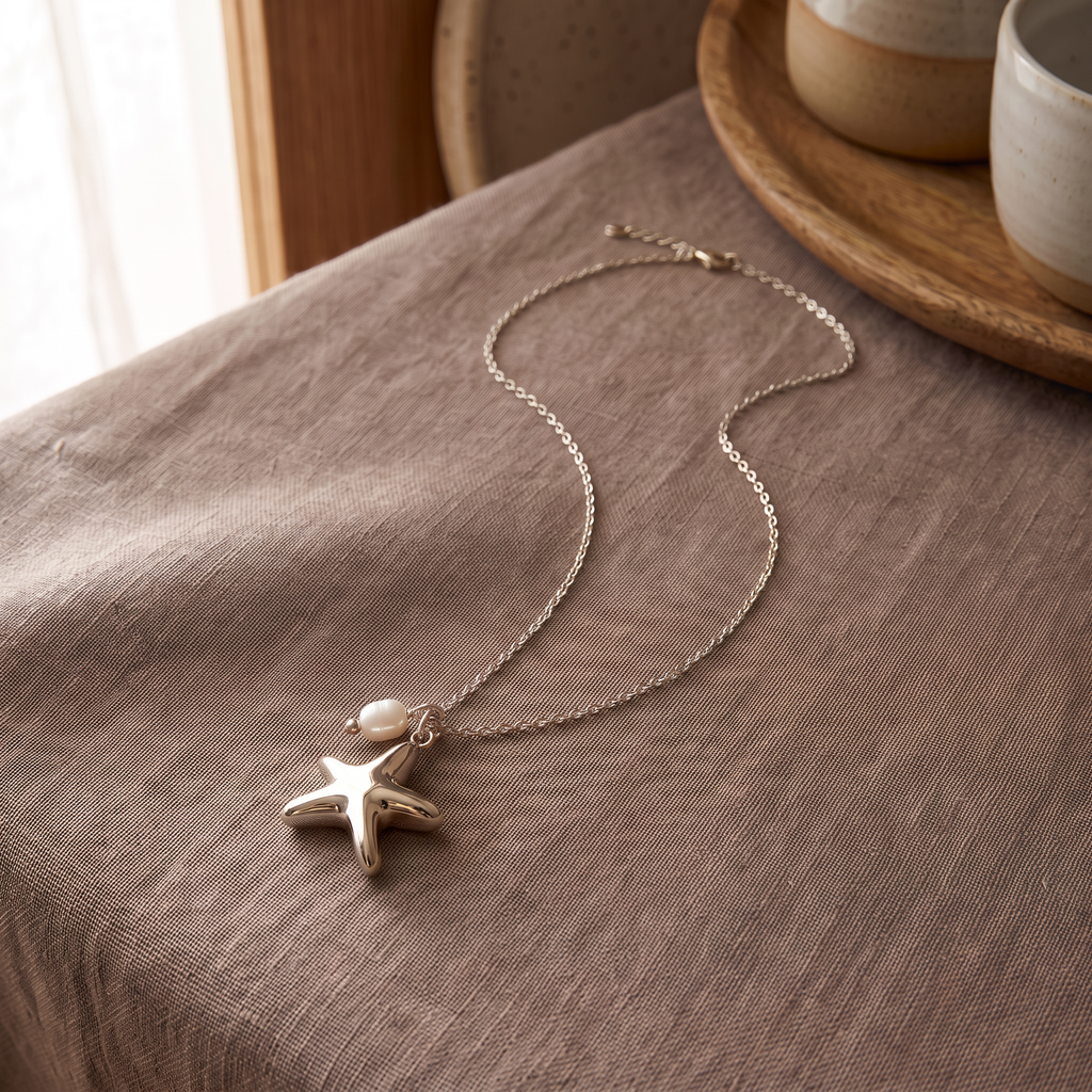 Collier ras de cou étoile de mer, porté en tenue, argenté