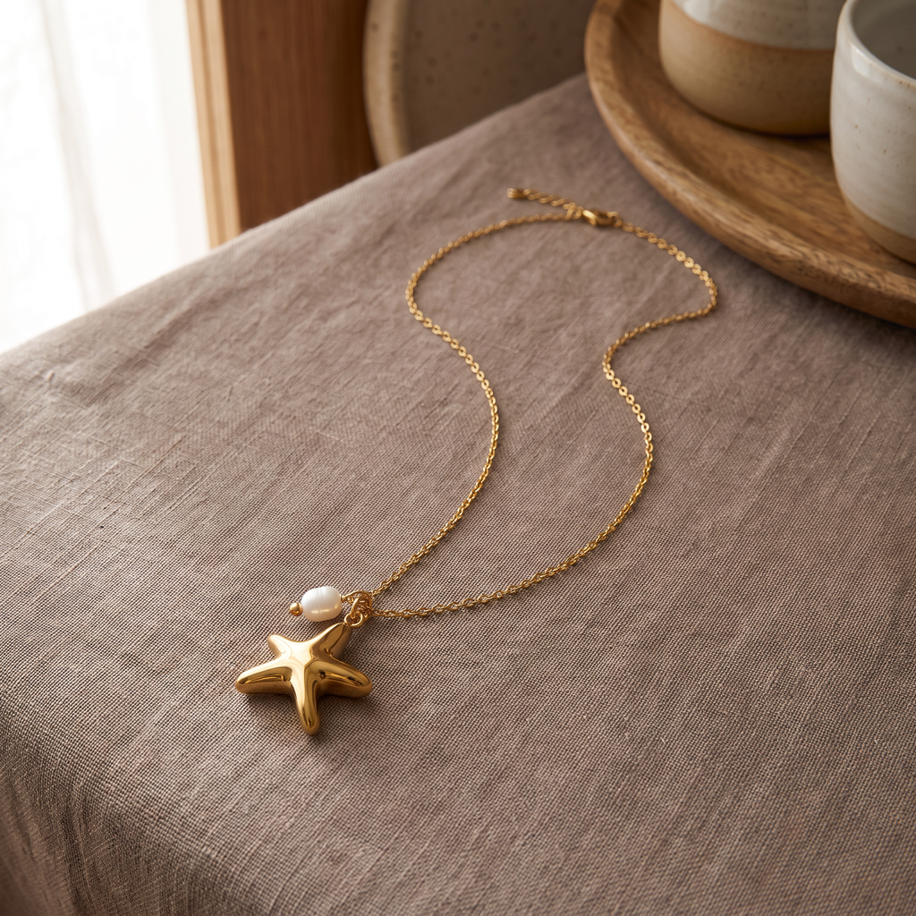 Collier ras de cou étoile de mer, porté en tenue, doré